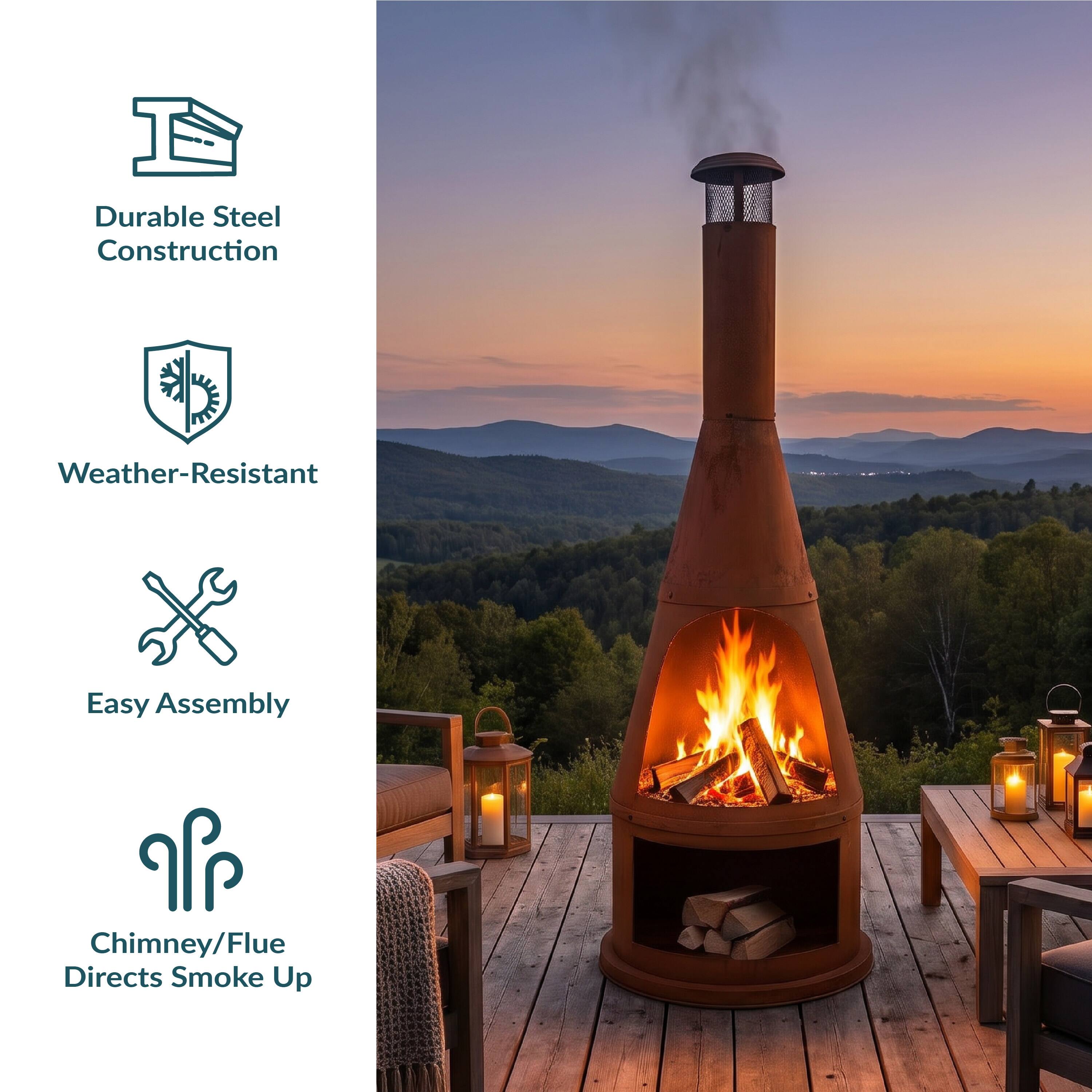 - Durable Steel Construction
- Weather-Resistant
- Easy Assembly
- Chimney/Flue Directs Smoke Up