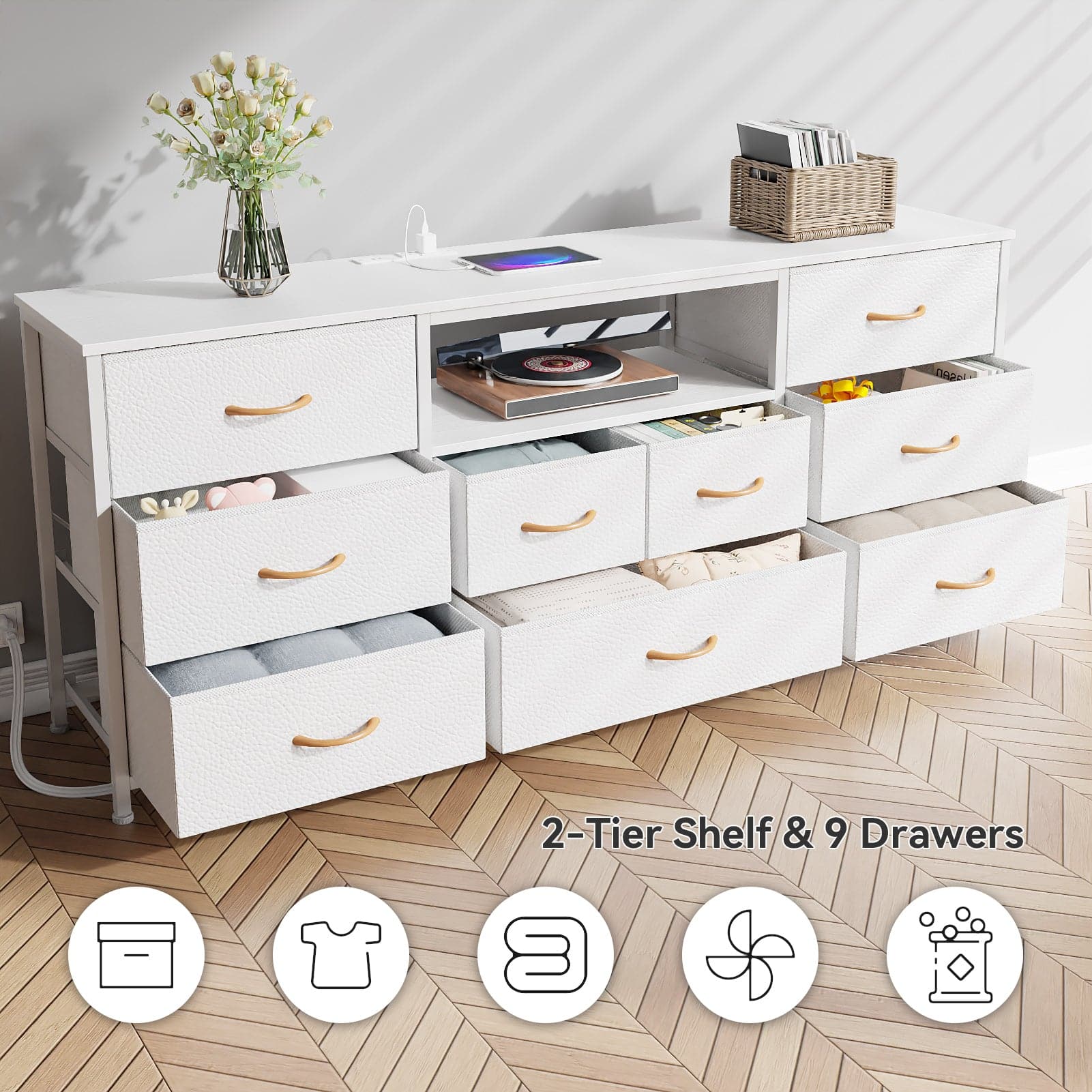 Furnulem - 63 Inch Modern TV Stand with LED Lights Charging Station 9 Drawers Media Console for Living Room Bedroom - White