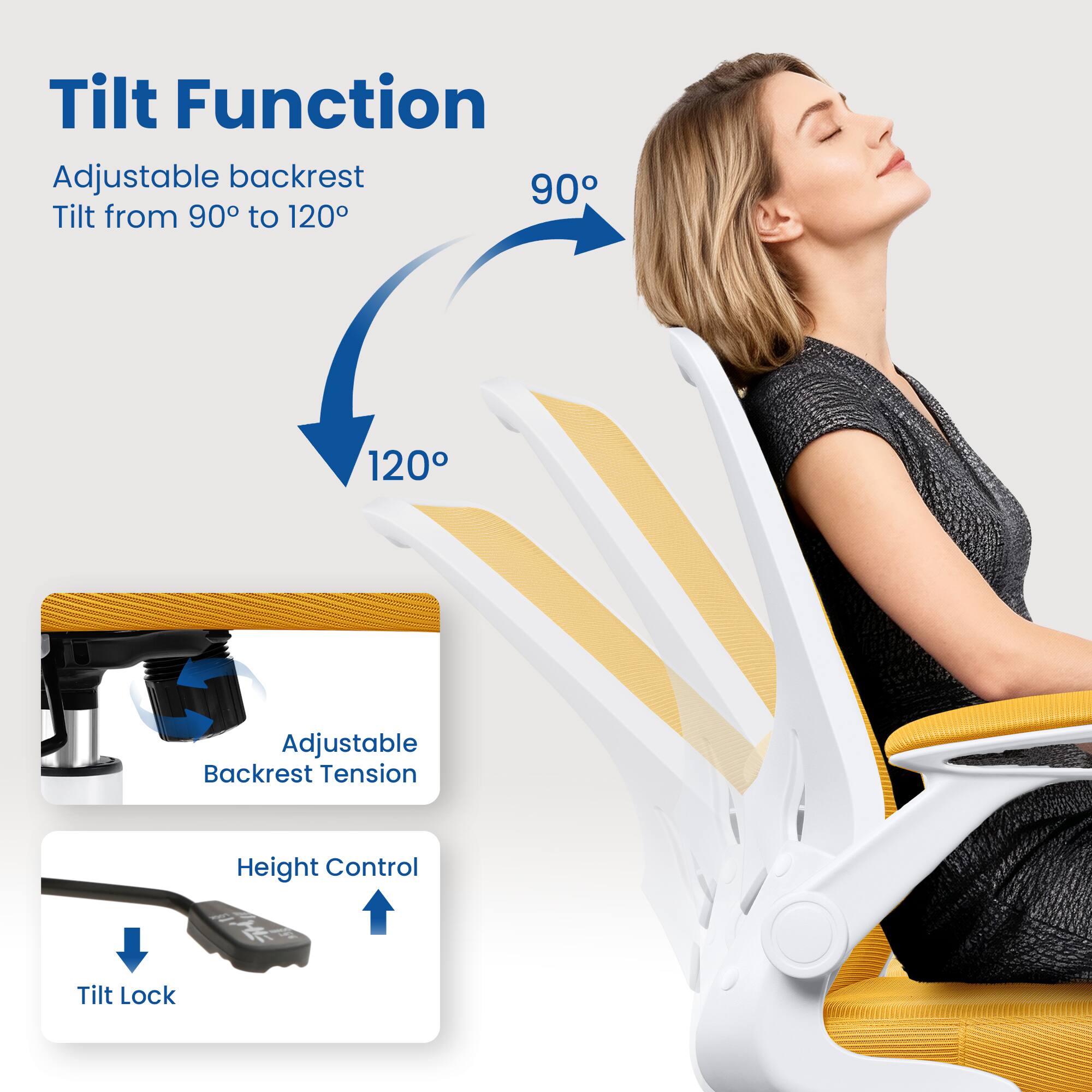 Tilt Function  
Adjustable backrest  
Tilt from 90° to 120°  

120°  

Adjustable Backrest Tension  
Height Control  
Tilt Lock