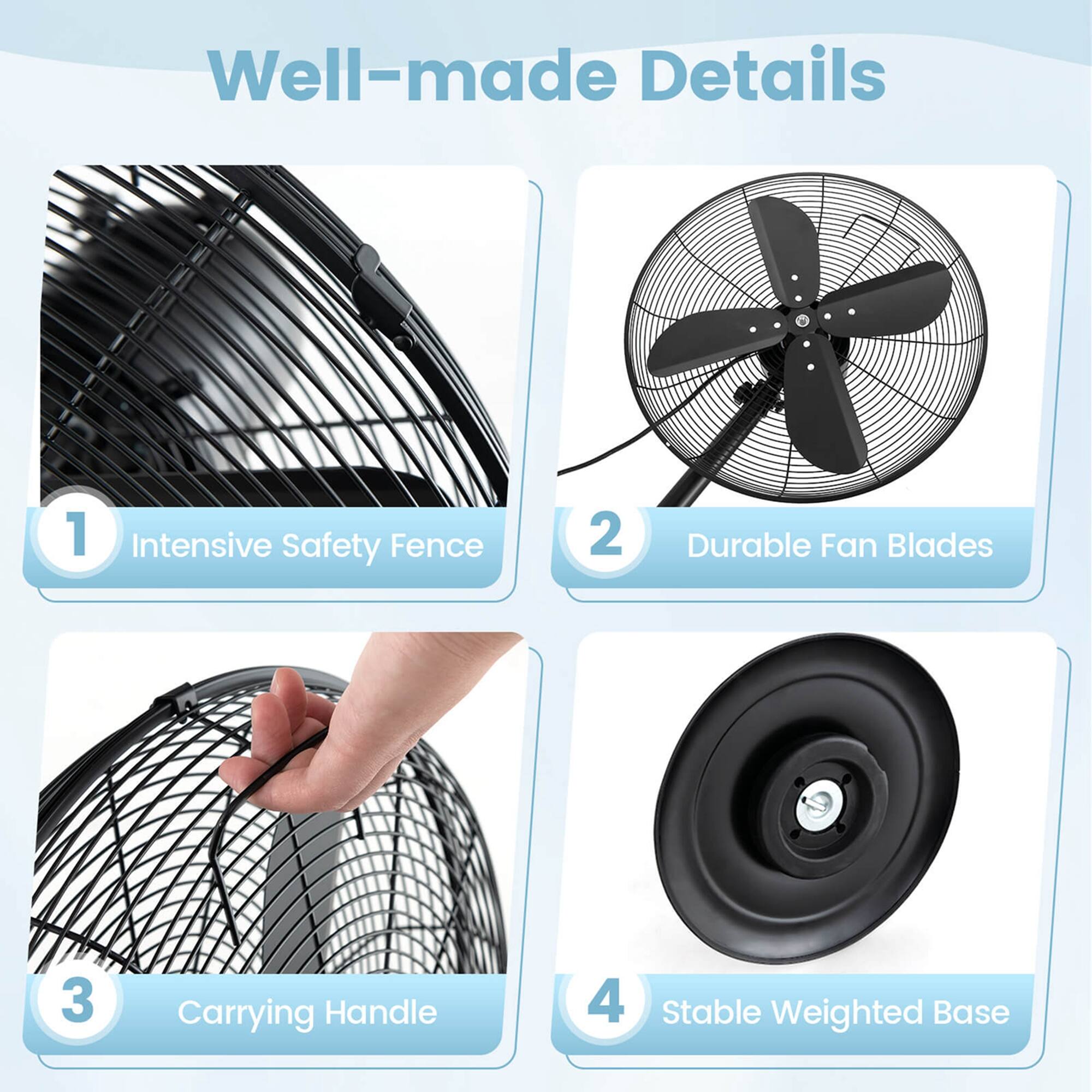 Well-made Details 1. Intensive Safety Fence 2. Durable Fan Blades 3. Carrying Handle 4. Stable Weighted Base