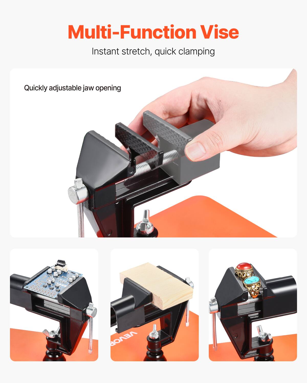 Multi-Function Vise  
Instant stretch, quick clamping  
Quickly adjustable jaw opening