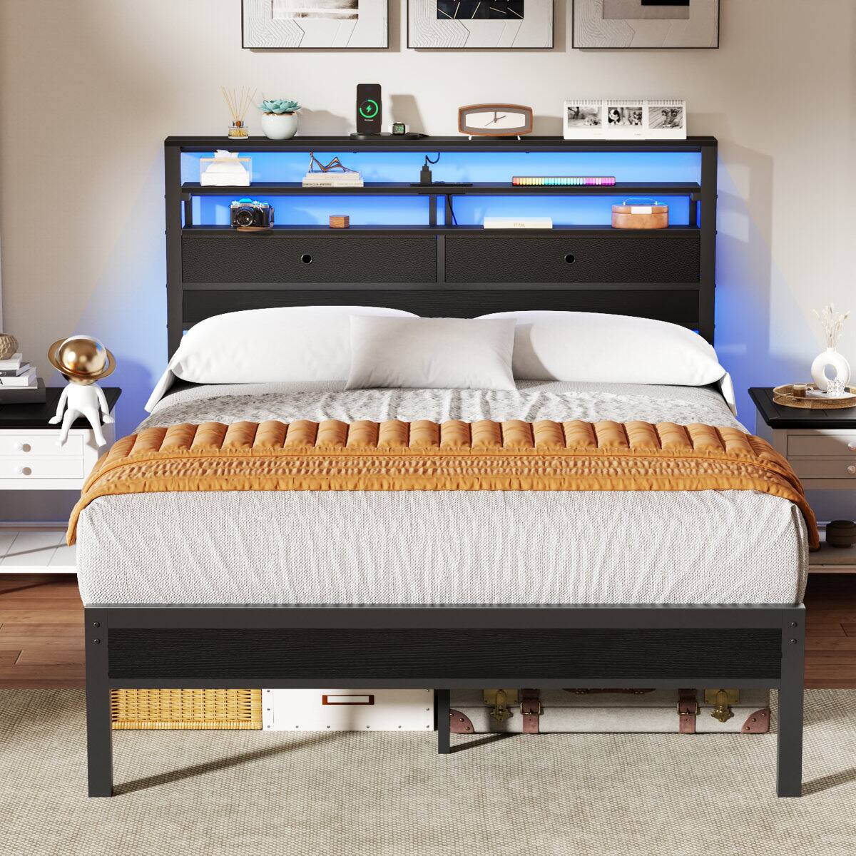 Alt View 2. Furnulem - Bed Frame With RGB Led Lights Bed With Headboard Charging Station Black Oack - Black.