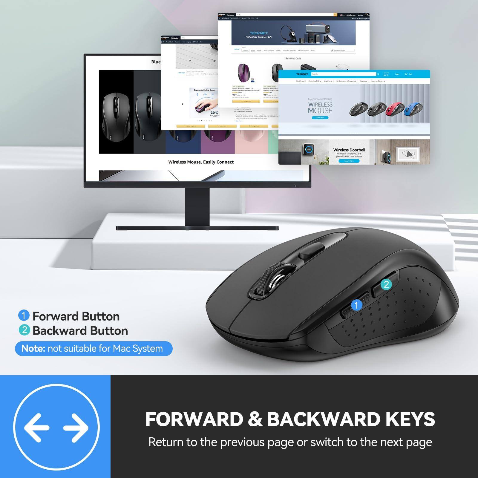 FELEUNET - Blue Nuron Wireless Mouse

- Wireless Mouse: Easily Connect
- 1 Forward Button
- 2 Backward Button
- Note: not suitable for Mac System

1. Forward Button
2. Backward Button

Note: not suitable for Mac System

FORWARD & BACKWARD KEYS
Return to the previous page or switch to the next page