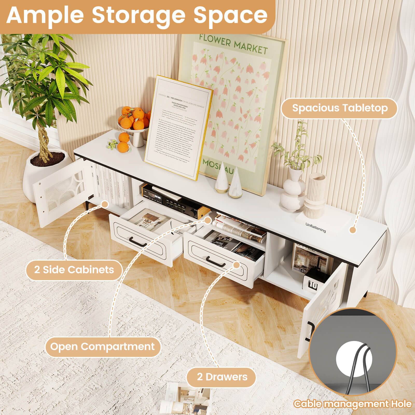 Ample Storage Space

- Spacious Tabletop
- 2 Side Cabinets
- Open Compartment
- 2 Drawers
- Cable management Hole