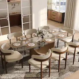 POVISON - 94" Modern Glass Dining Table for 8, Glass for Kitchen, Bronze Stainless Steel Pedestal Kitchen Table - Transparent