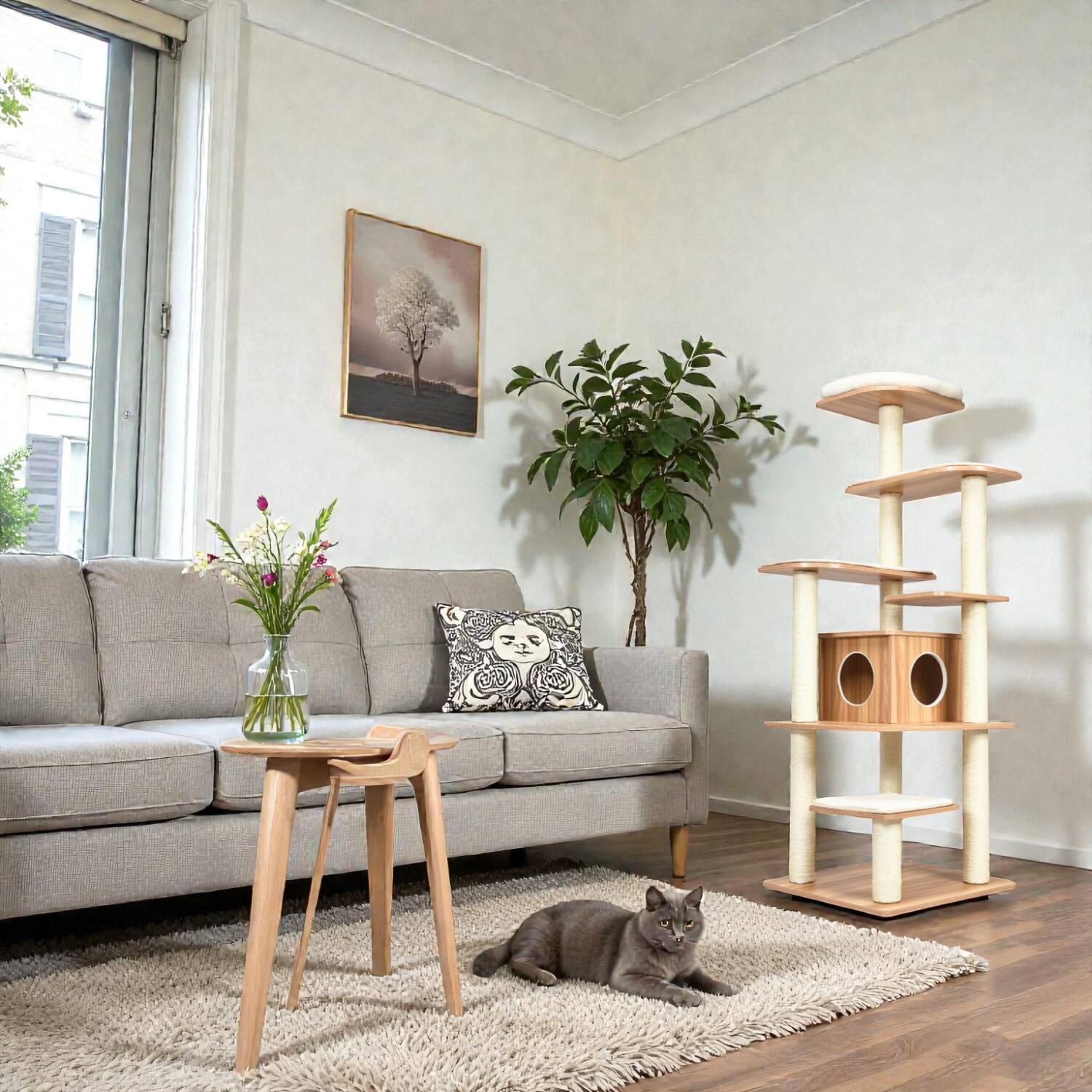 Front. BreeBe - 7-Tier Wooden Cat Tower with Sisal Scratch Posts and Cozy Condo - Natural.