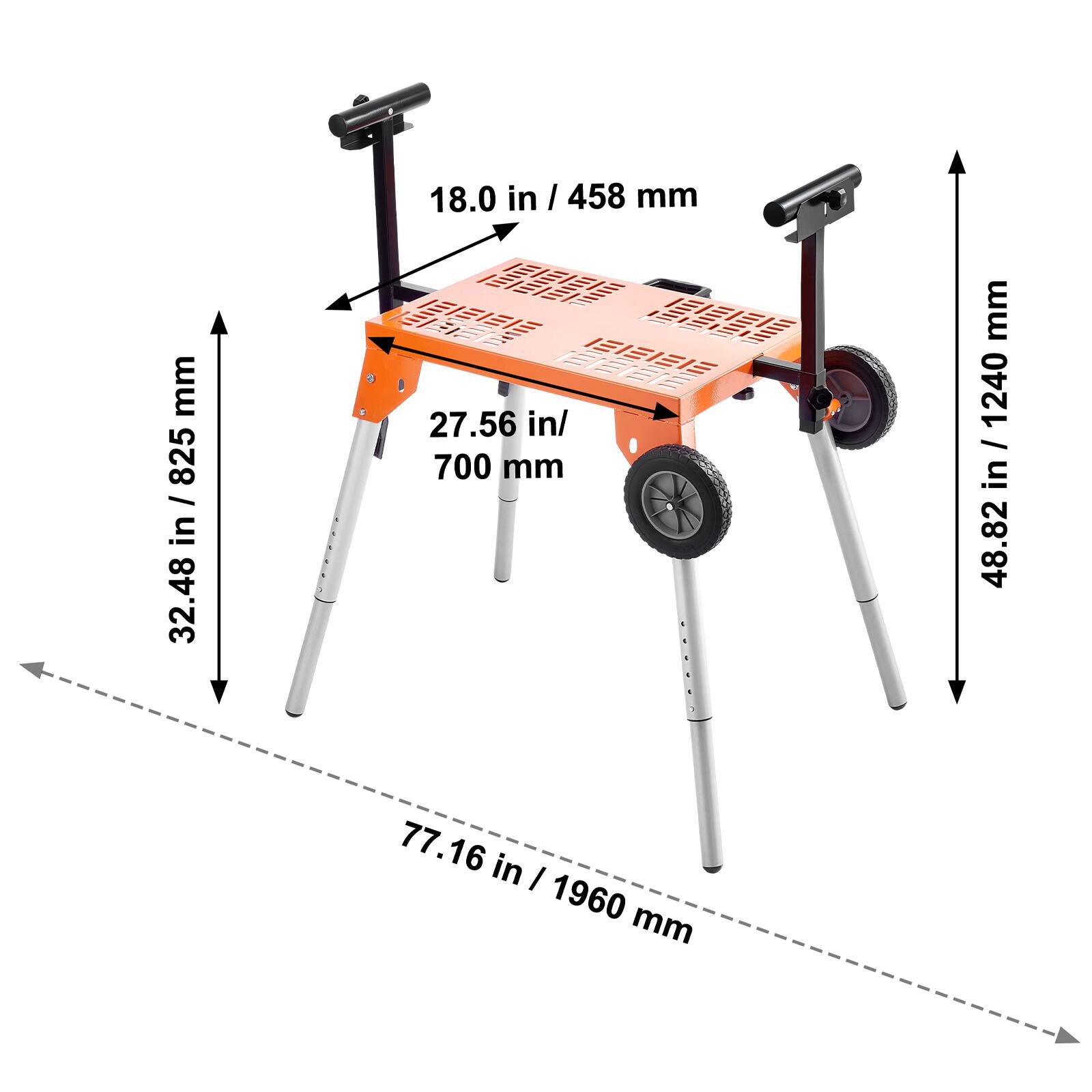 18.0 in / 458 mm  
27.56 in / 700 mm  
32.48 in / 825 mm  
48.82 in / 1240 mm  
77.16 in / 1960 mm