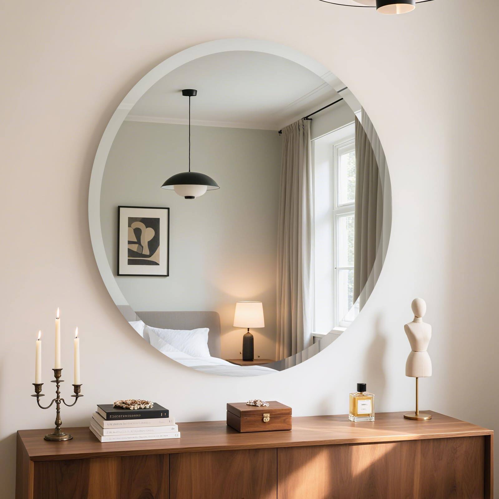 Left. Comfort Essence - Frameless Round Mirror Circle With 1" Beveled Edge Bathroom For Wall Vanity Bedroom Living Room 【Safe - 28"L x 28"W.