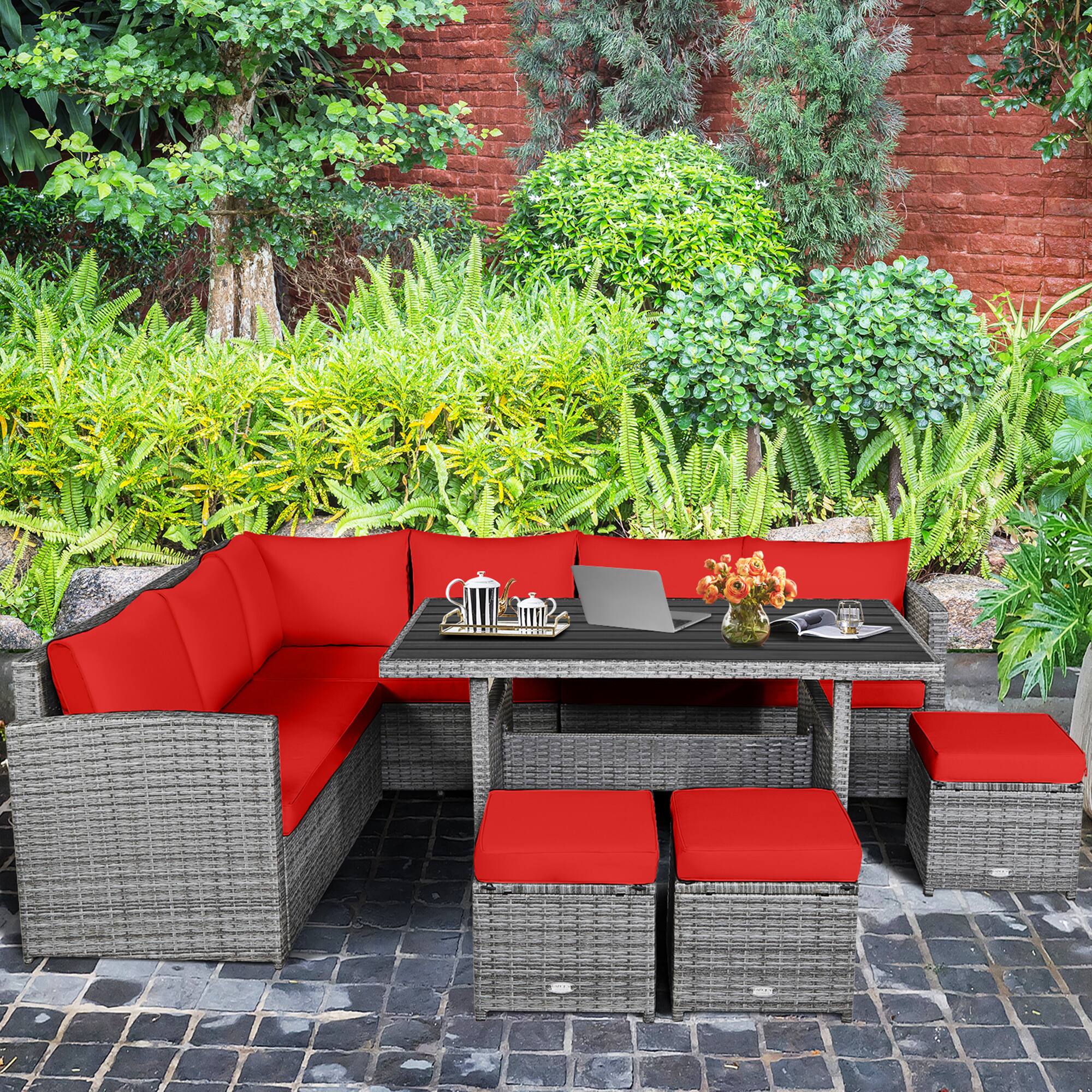 Alt View 2. Gymax - Gymax 7PCS Rattan Patio Sectional Sofa Set Conversation Set w/ Red Cushions - Red.