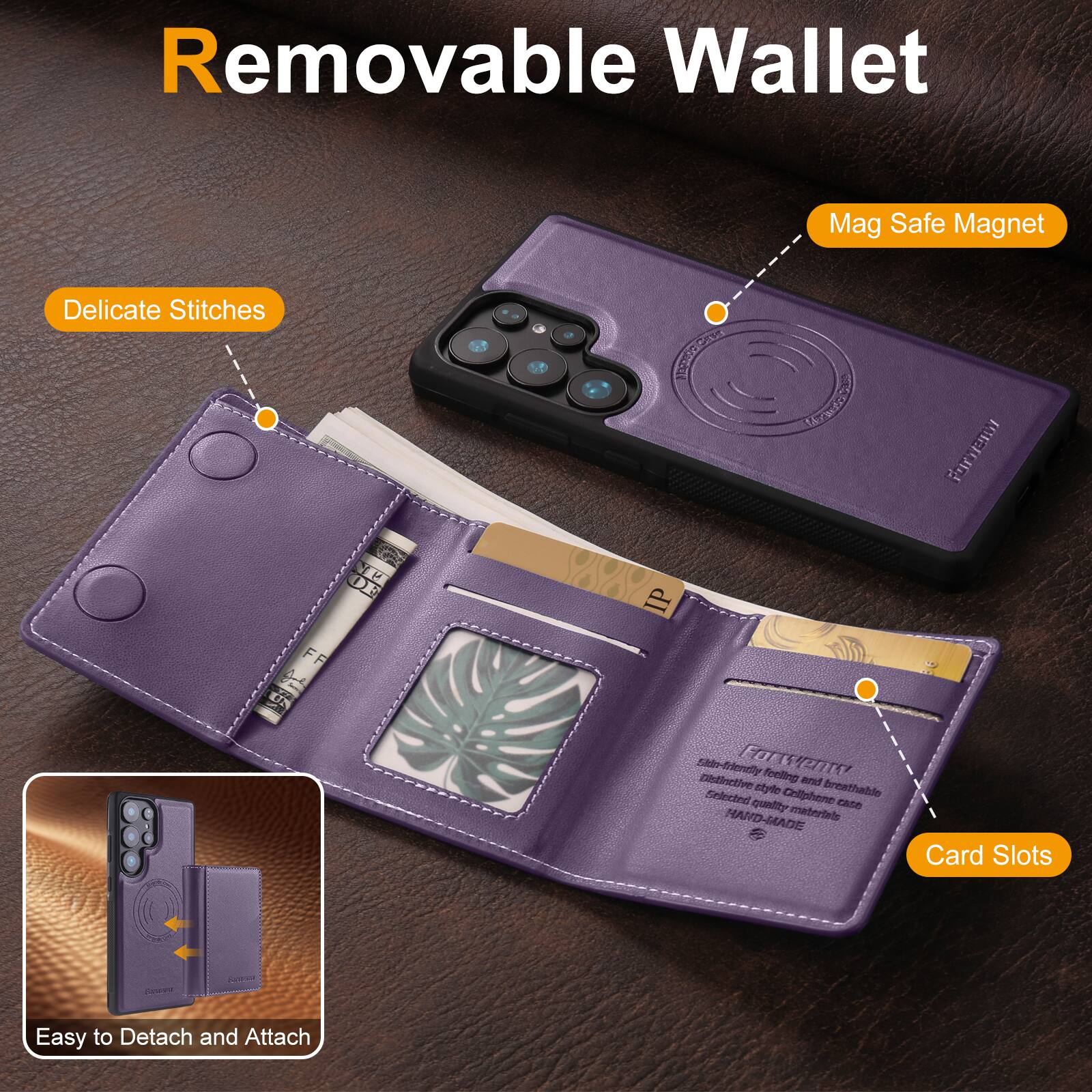 Removable Wallet

- Delicate Stitches
- Mag Safe Magnet
- Card Slots
- Easy to Detach and Attach

Feeling Delicate and Snug, High-quality materials, Hand-made, Elegant style, Breathable, Selected quality materials