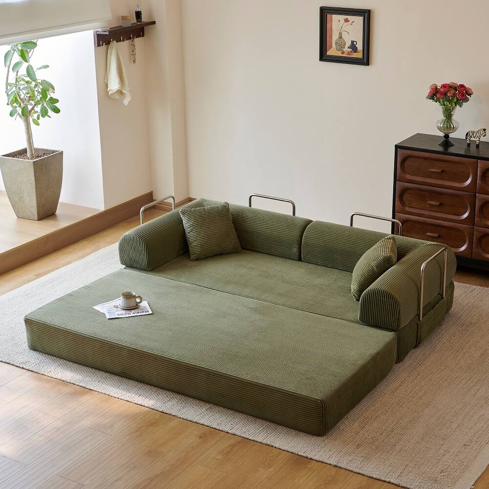 Alt View 3. Loheer - Loheer 78.8 Inch Compression Sofa Convertible Floor Sofa Bed Corduroy Loveseat - Beige.