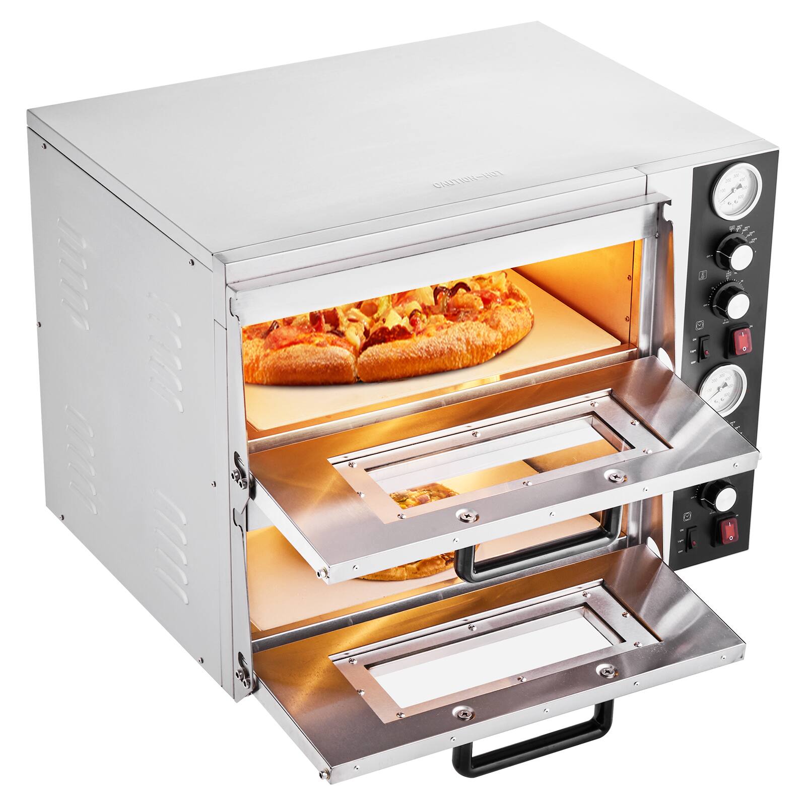 Front. VEVOR - Pizza Oven Electric, 18" Double-Deck Commercial Countertop Pizza Oven, 842°F Max Temp, Indoor Pizza Maker - Silver.