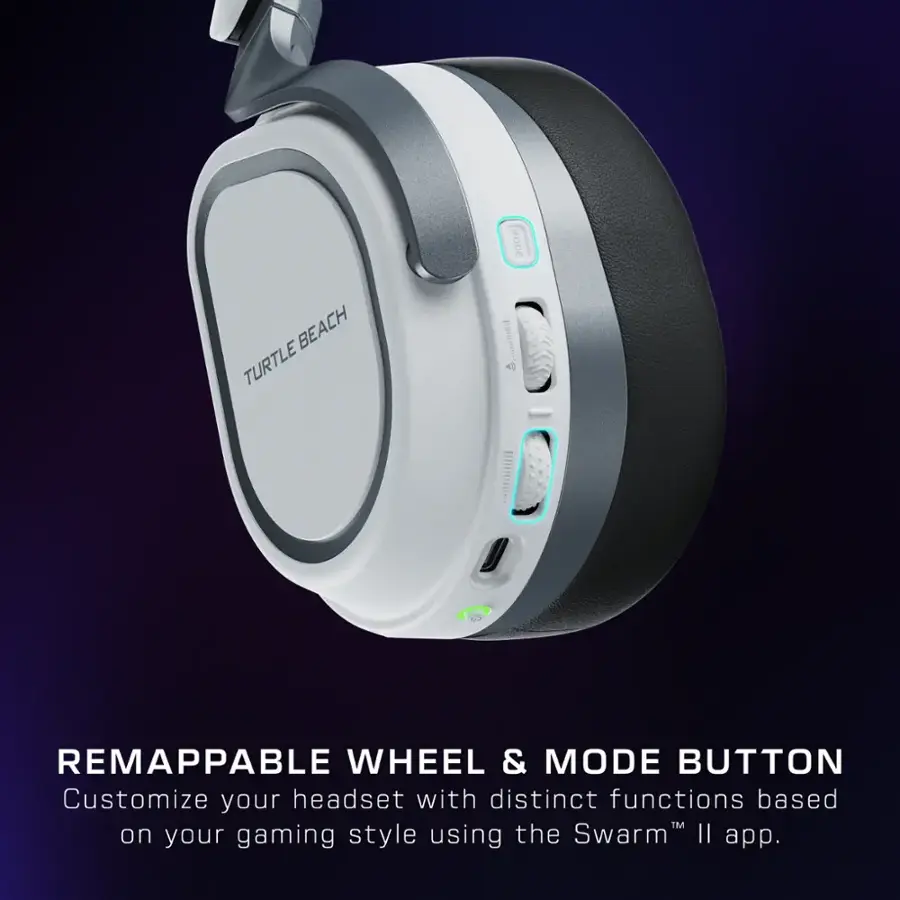 The image features a headset with a remappable wheel and mode button. The headset is designed by Turtle Beach and allows users to customize their headset with distinct functions based on their gaming style using the Swarm II app.
