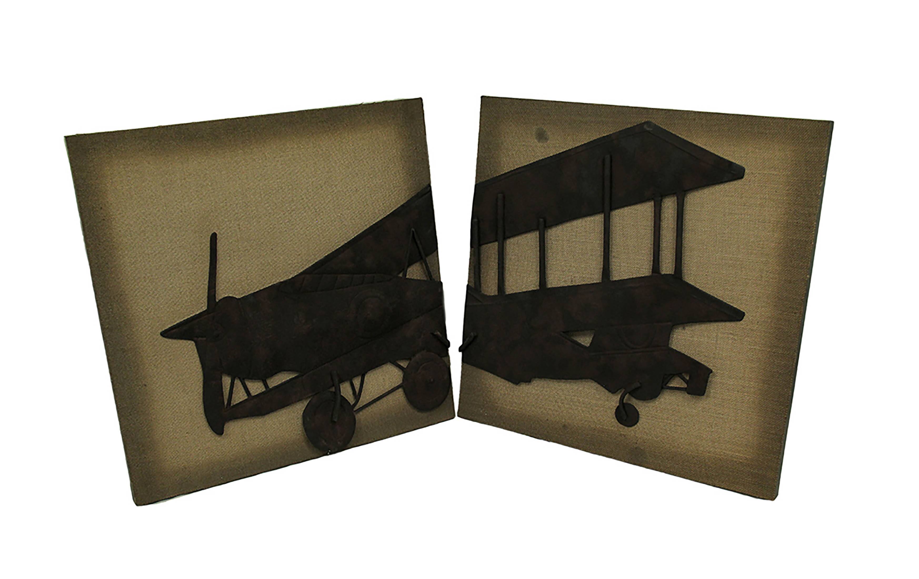 Front. Zeckos - 2 Piece Metal Vintage Airplane On Fabric Wall Hanging Set - Brown.
