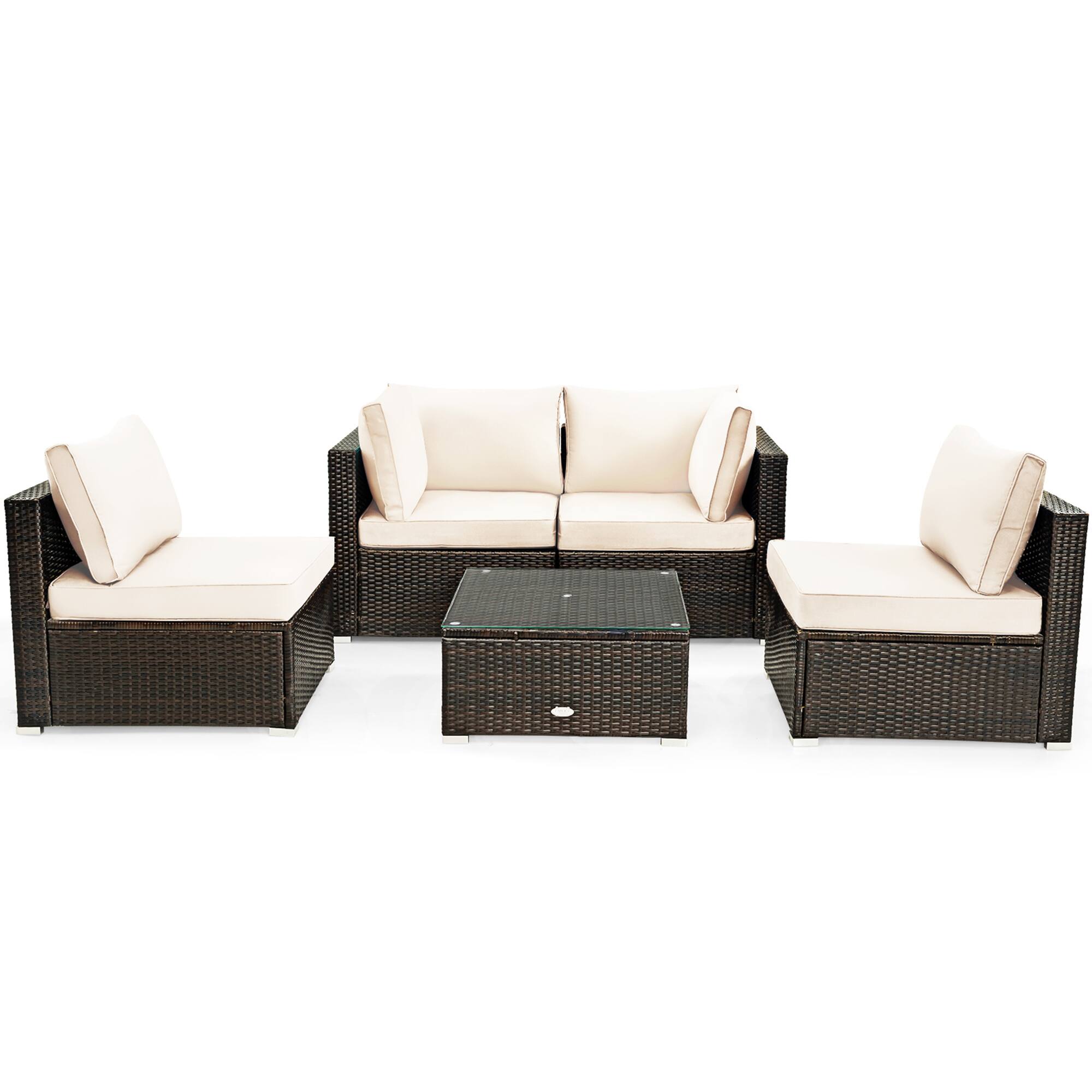 Alt View 1. Gymax - Gymax 5PCS Rattan Patio Conversation Set Sofa Furniture Set w/ White Cushions - Mix brown.