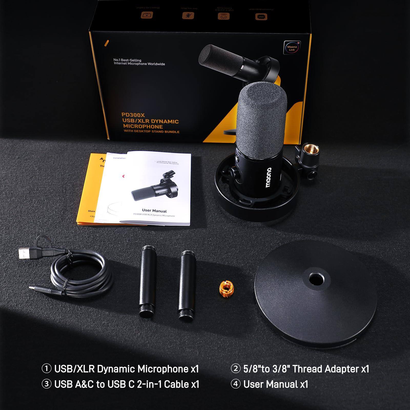 Madna! Na.1 best-selling internet microphone worldwide PD300X USB/XLR dynamic microphone VONTVI desktop stand bundle - P maono the user manual 1 USB/XLR dynamic microphone x1 3 USB A&C to USB C 2-in-1 cable x1 2 5/8" to 3/8" thread adapter x1 4 user manual x1

1. USB/XLR Dynamic Microphone x1
2. 5/8" to 3/8" Thread Adapter x1
3. USB A&C to USB C 2-in-1 Cable x1
4. User Manual x1