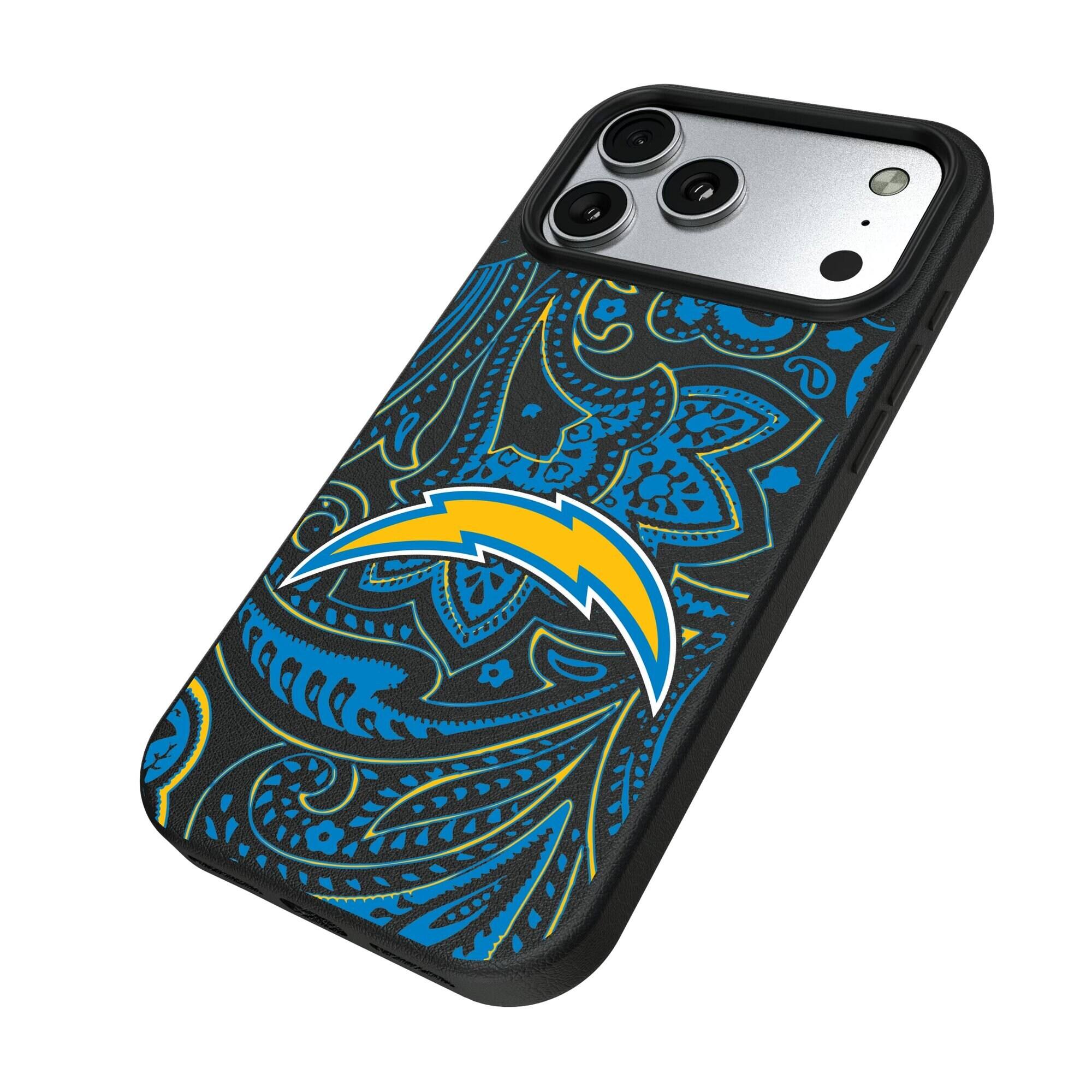 Alt View 1. Keyscaper - Los Angeles Chargers Paisley iPhone Magnetic Bump Case - 17 Pro - Black.