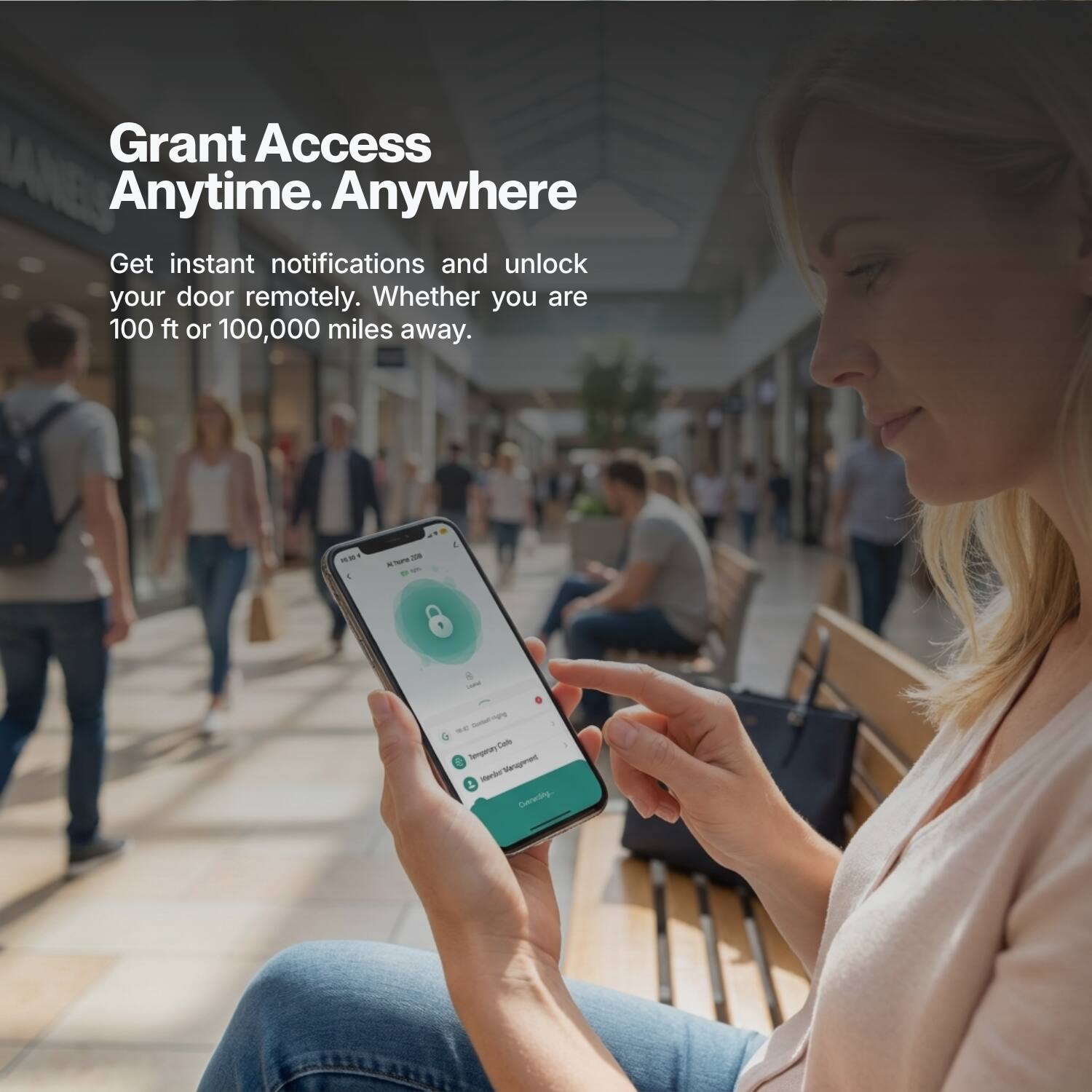 Grant Access Anytime. Anywhere  
Get instant notifications and unlock your door remotely. Whether you are 100 ft or 100,000 miles away.