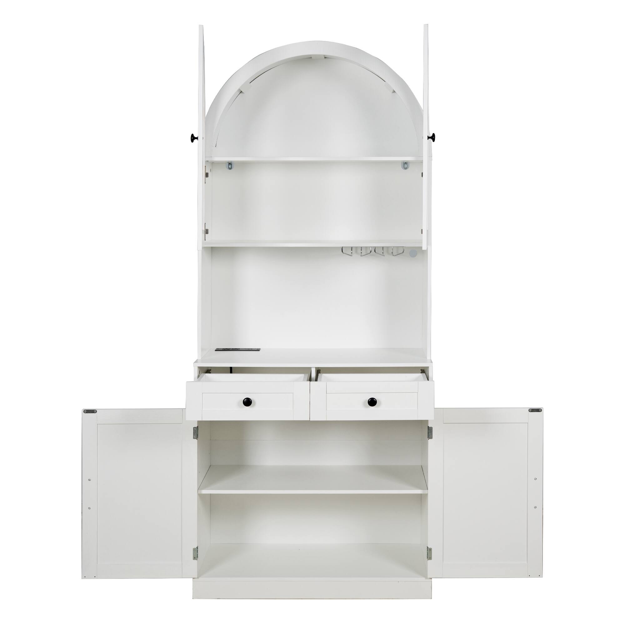 Alt View 10. Loheer - Loheer Farmhouse Pantry Cabinet, White Arched Coffee Bar Cabinet with Charging Station, Glass Doors, Adjustable Shelves - White.