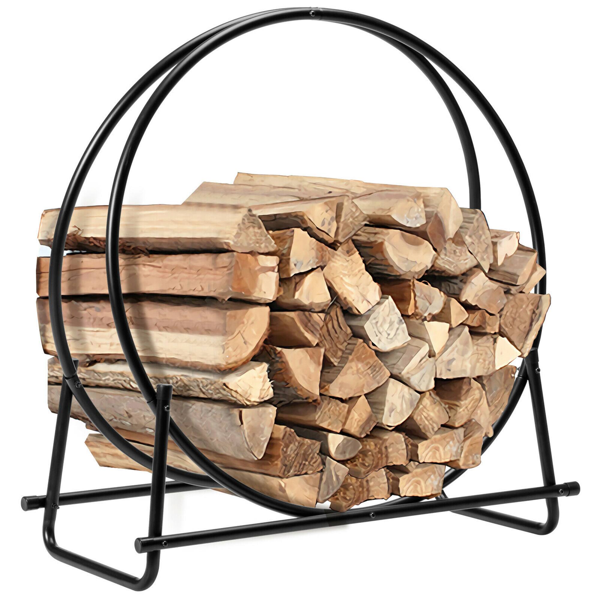 Front. Gymax - Gymax 30'' Tubular Steel Log Hoop Firewood Storage Rack Holder Round Display - Black.