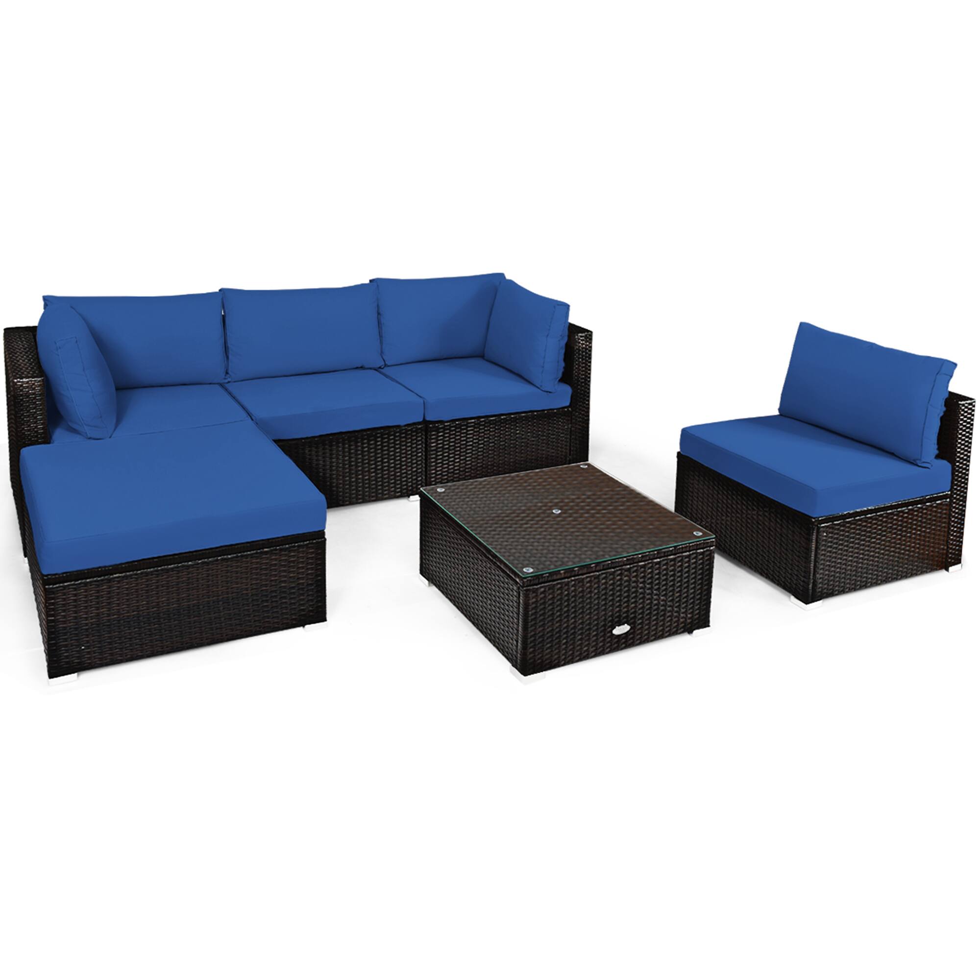Alt View 9. Gymax - Gymax 6PCS Rattan Patio Sectional Sofa Set Outdoor Furniture Set w/ Navy Cushions - Navy.
