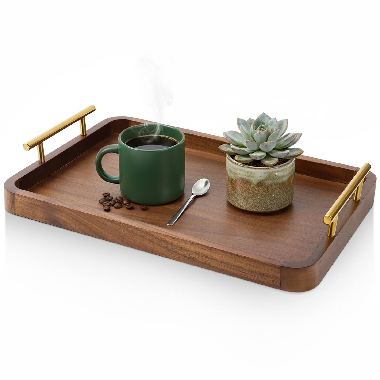 Front. Garnen - Wood Serving Tray with Handles, Rectangular Wooden Serving Tray for Ottoman Coffee Table Breakfast in Bed Patio, Brown - Brown.