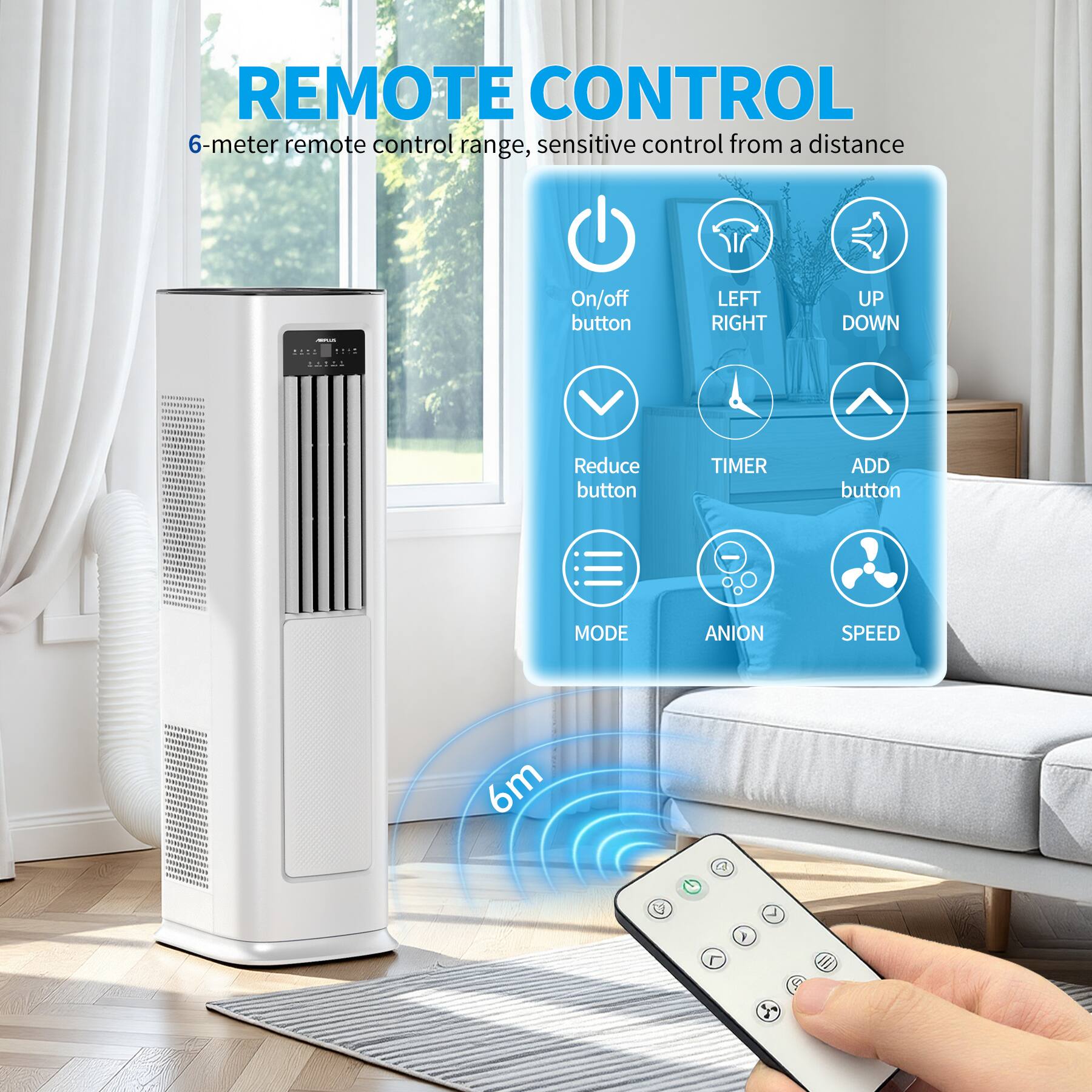 REMOTE CONTROL  
6-meter remote control range, sensitive control from a distance  

- ASA  
- i4  
- On/off button  
- LEFT RIGHT UP DOWN  
- Reduce button  
- TIMER ADD button  
- MODE ANION SPEED  

6m