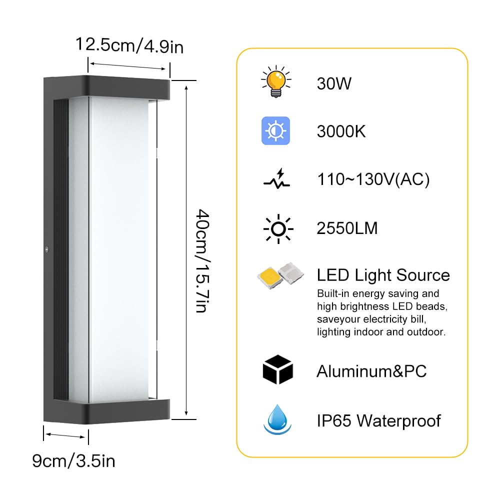 12.5cm/4.9in  
40cm/15.7in  
9cm/3.5in  

30W  
3000K  
110~130V(AC)  
2550LM  

LED Light Source  
Built-in energy saving and high brightness LED beads, save your electricity bill, lighting indoor and outdoor.  

Aluminum&PC  
IP65 Waterproof
