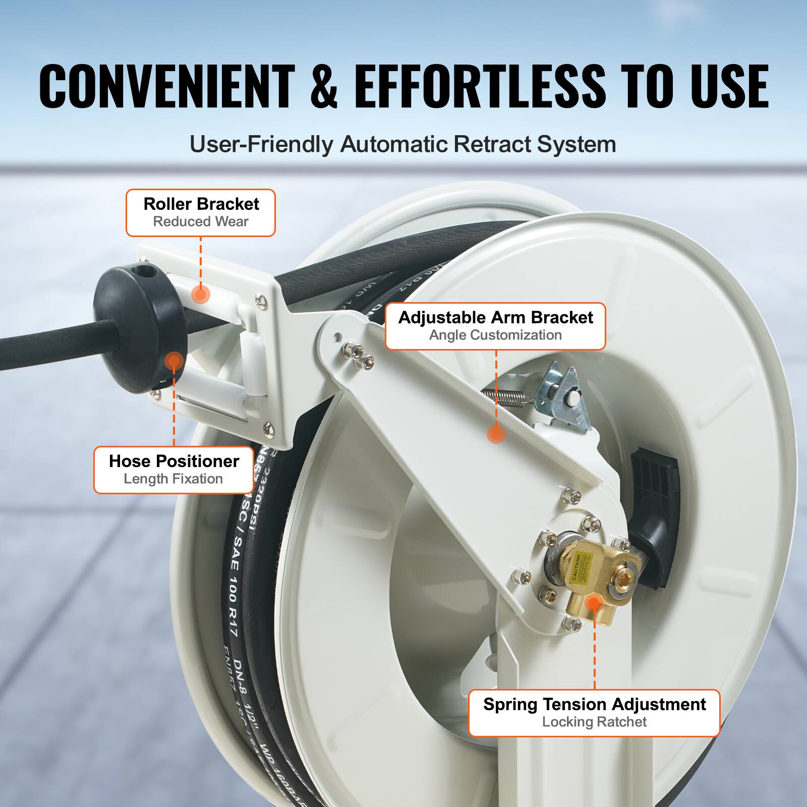 CONVENIENT & EFFORTLESS TO USE  
User-Friendly Automatic Retract System  

- Roller Bracket  
  Reduced Wear  

- Adjustable Arm Bracket  
  Angle Customization  

- Hose Positioner  
  Length Fixation  

- Spring Tension Adjustment  
  Locking Ratchet  

SC .2320PSI SAE 100 R17 FNDES DN-8 20 REI WD AORA - VUTSIN 000E