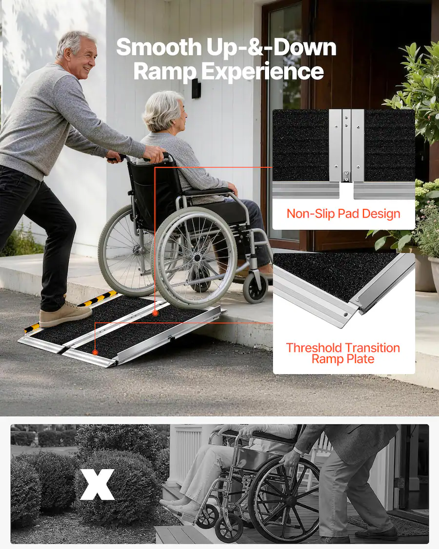 Person Down Ramp VEVOR Portable Wheelchair Ramp, 2FT, Non Slip Aluminum Folding Handicap ...