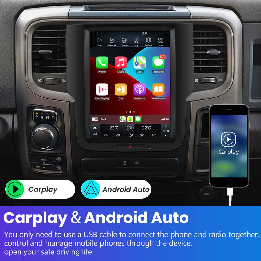 22:47 Video PoeLes Ciruma BUS Seltoings Appe 572 A J Phone Music Maps Messages Now Playing Car Podcasts Audiobooks PRND P N 2:47 wal 40 22C ON 88 22C A/C 10 RUT Carplay Carplay Android Auto Carplay & Android Auto

You only need to use a USB cable to connect the phone and radio together, control and manage mobile phones through the device, open your safe driving life.