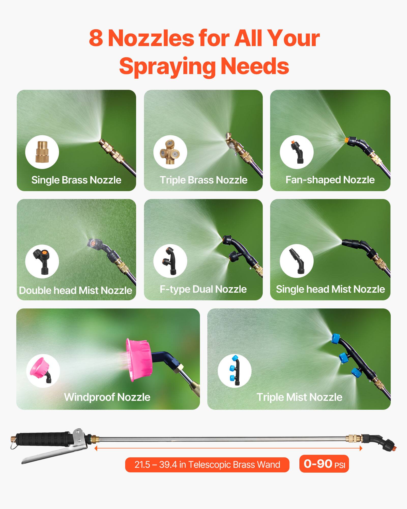 8 Nozzles for All Your Spraying Needs

- Single Brass Nozzle
- Triple Brass Nozzle
- Fan-shaped Nozzle
- Double head Mist Nozzle
- F-type Dual Nozzle
- Single head Mist Nozzle
- Windproof Nozzle
- Triple Mist Nozzle

21.5-39.4 in Telescopic Brass Wand

0-90 PSI
