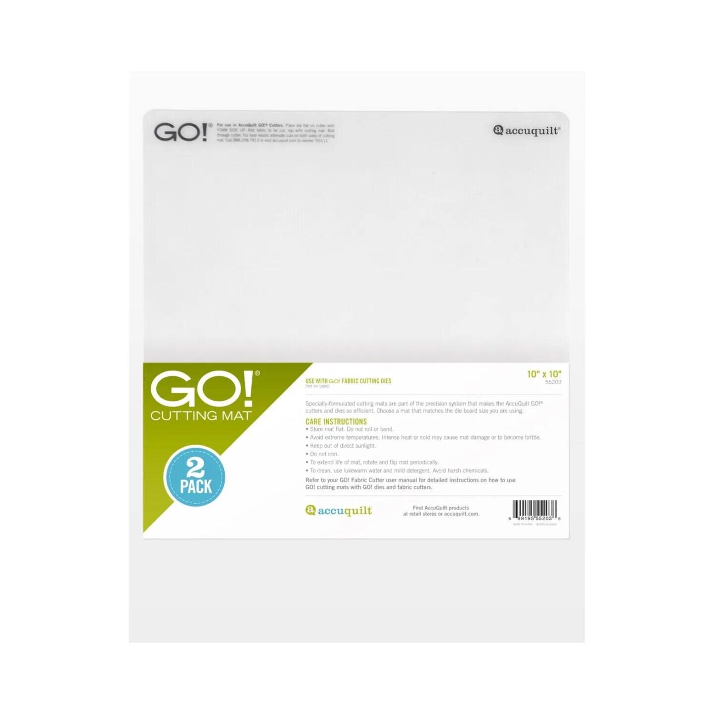 GO! CUTTING MAT 2 PACK 10" x 10" FABRIC CUTTING DIES

Specially formulated cutting mats are part of the precision system that makes the AccuQuilt GO! mats and dies more efficient. Choose a mat that fits the size of your project.

CARE INSTRUCTIONS
Store mat flat. Do not fold or bend.
Avoid extreme temperatures, intense heat or cold, which may cause mat damage or to become brittle.
Do not iron.
To extend the life of mats, keep them clean, using a mild detergent. Avoid harsh chemicals.
Refer to your fabric cutter user manual for detailed instructions on how to use GO! cutting mats with GO! dies and fabric cutters.

Find AccuQuilt products at retail stores or accuquilt.com.

189520