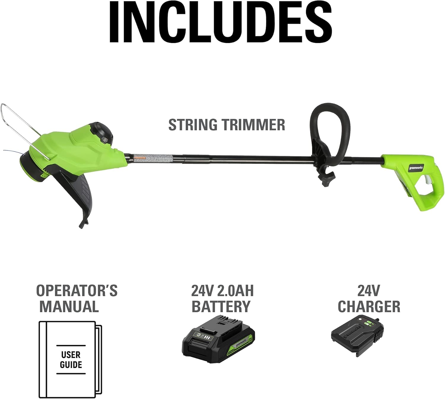 INCLUDES

STRING TRIMMER

OPERATOR'S MANUAL USER GUIDE

24V 2.0AH BATTERY

24V CHARGER
