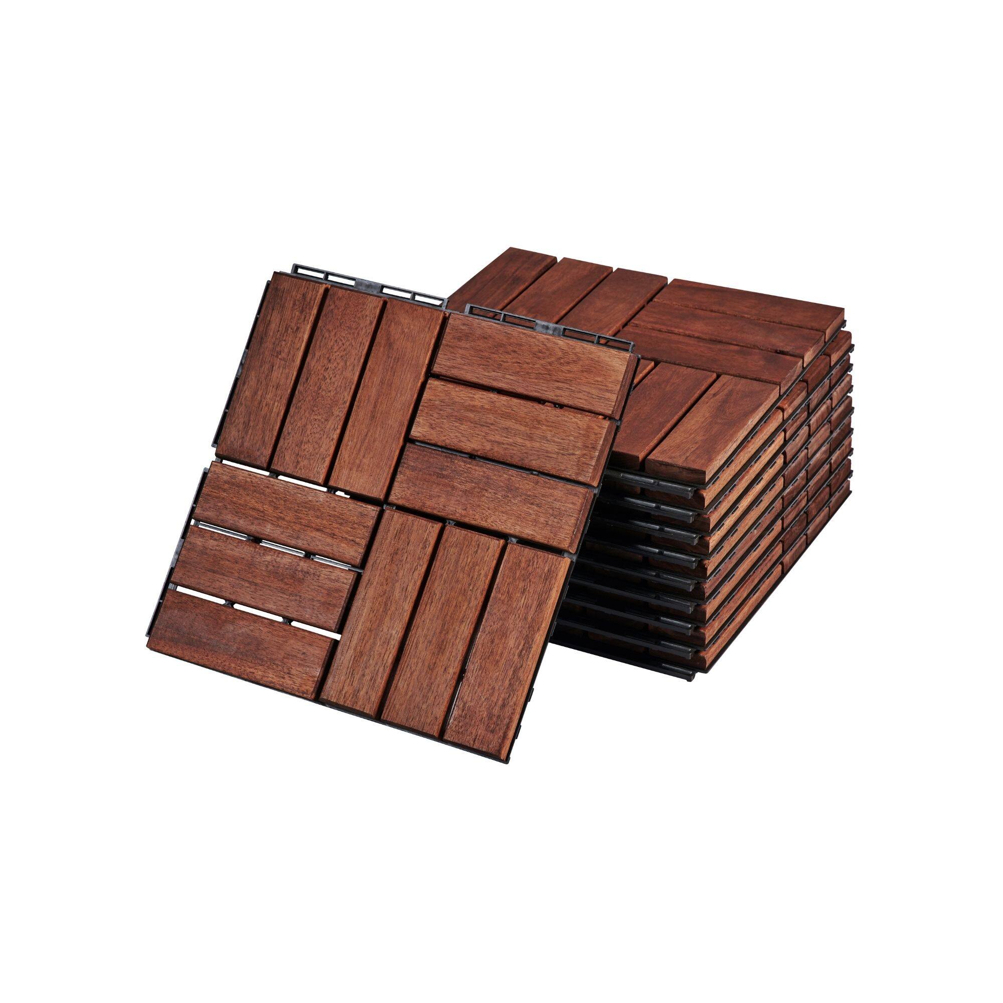 Front. MOOSOO - 10Pcs Interlocking Deck Tiles, Patio Flooring -Waterproof Acacia Wood Tiles for All Weather Use - Patio, Balcony & Pools - Brown.