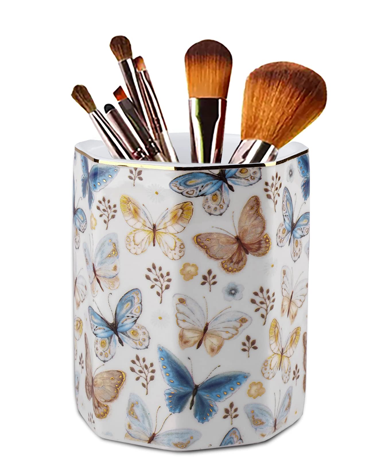Front. Vulpecula Spade - Jwest Pen Holder, Ceramic Shiny Gold Graphic Butterfly Pattern Pencil Cup for Girls Kids Women Durable Stand Desk.