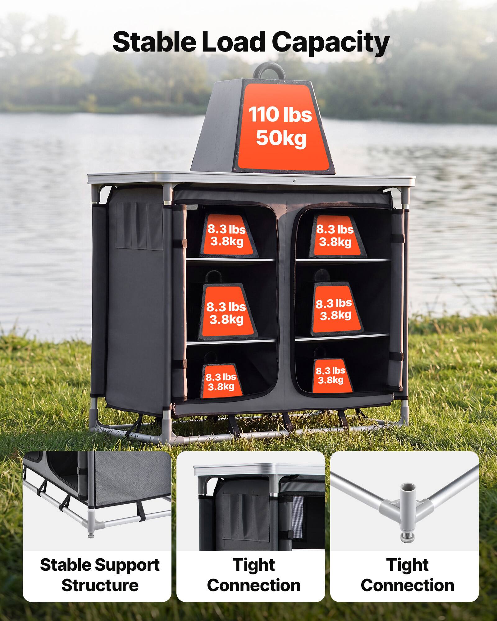 Stable Load Capacity: 110 lbs (50kg)

Each compartment: 8.3 lbs (3.8kg)

Stable Support Structure

Tight Connection