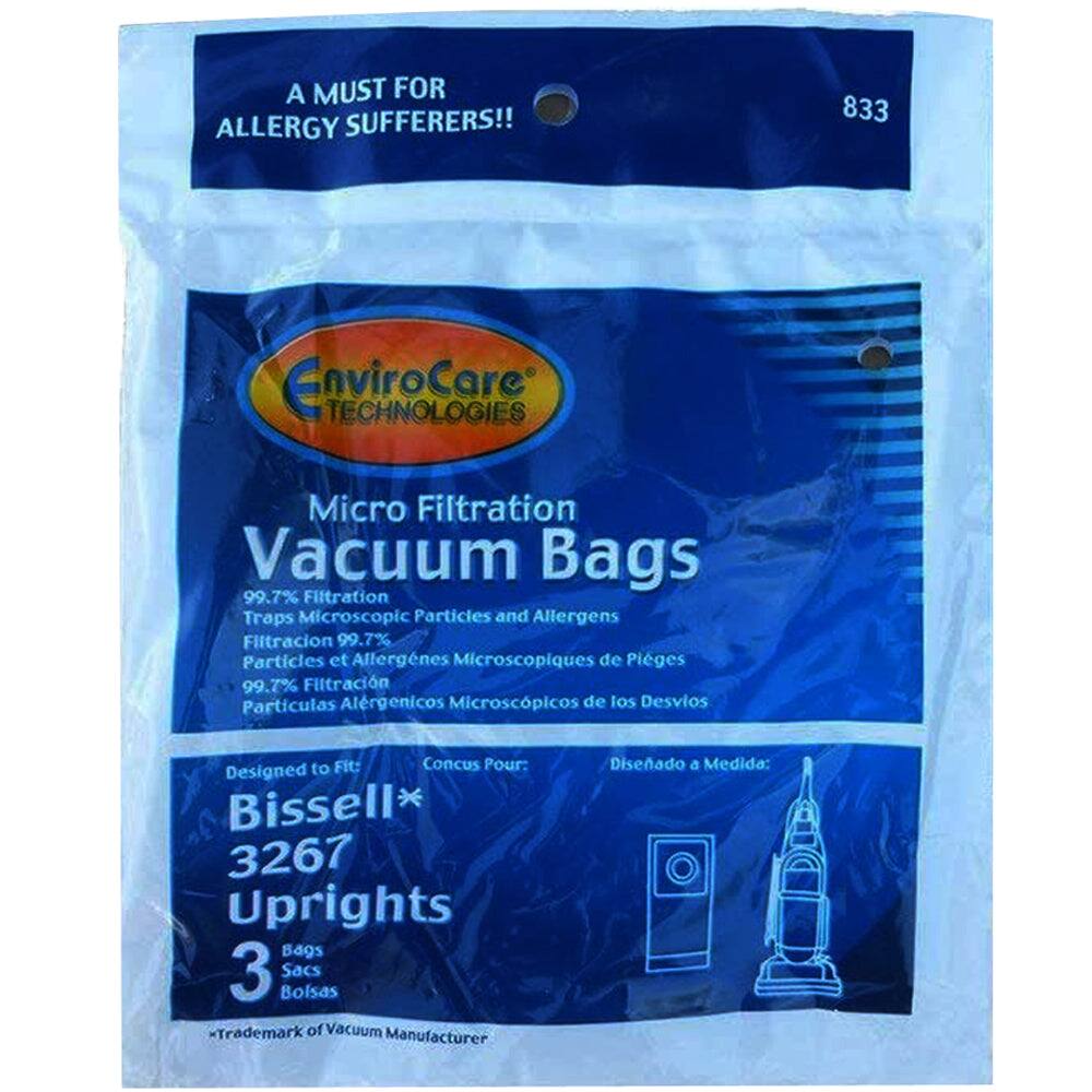 A MUST FOR ALLERGY SUFFERERS!!  
833 EnviroCare TECHNOLOGIES Micro Filtration Vacuum Bags  
99.7% Filtration Traps Microscopic Particles and Allergens  
Filtración 99.7% Partículas y Alergénicos Microscópicos de Pleges  
Filtración 99.7% Partículas Alérgenicos Microscópicos de los Desvios  

Designed to Fit:  
Bissell* 3267 Uprights  
3 Bags  
Sacs  
Bolsas  

Conçu Pour:  
Bissell* 3267 Uprights  
3 Sacs  

Diseñado a Medida:  
Bissell* 3267 Uprights  
3 Bolsas  

*Trademark of Vacuum Manufacturer