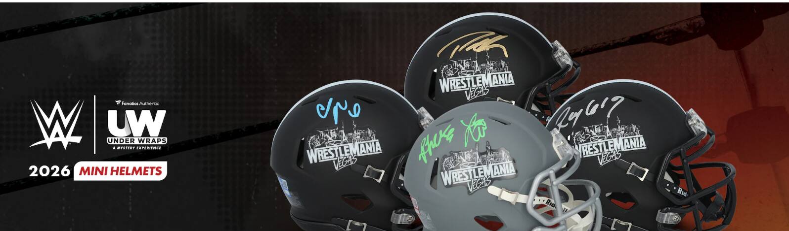 Fanatics Authentic W Lw UNDER WRAPS a MYSTERY EXPERIENCE 2026 MINI HELMETS e WRESTLEMANIA VEGAS WRESTLEMANIA VEGAS heE X WRESTLEMANIA VEGAS LuCi7 RESTLEMANIA VEGAS Ria. B