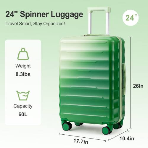 24" Spinner Luggage  
Travel Smart, Stay Organized!  

Weight: 8.3lbs  
Capacity: 60L  

Dimensions:  
- Height: 26in  
- Width: 17.7in  
- Depth: 10.4in