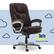 The image features a brown leather office chair with a metal base and wheels. The chair is placed on a blue background, and there are clouds surrounding it. The text "Serta 8 Always Comfortable" is displayed on the right side of the image.