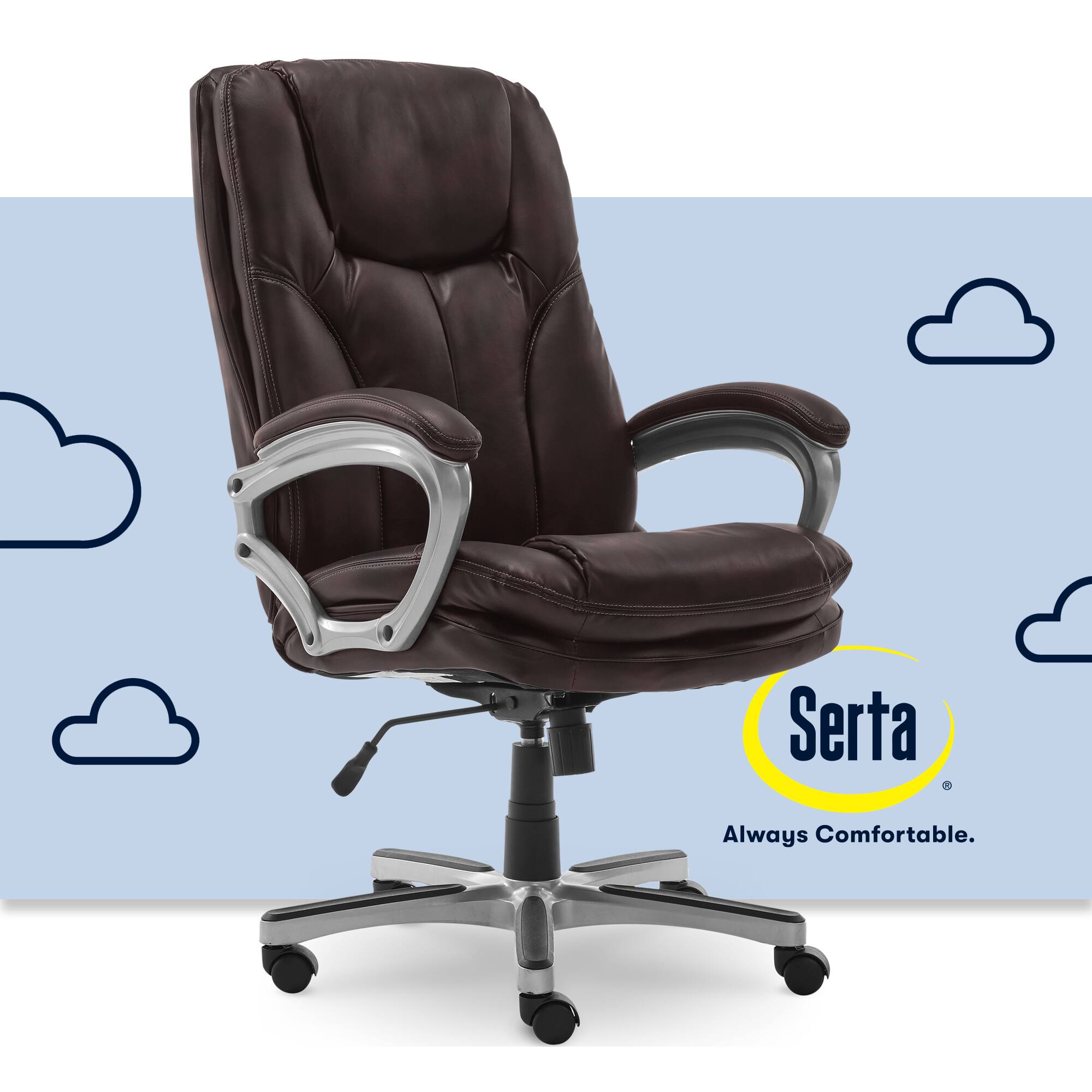 The image features a brown leather office chair with a metal base and wheels. The chair is placed on a blue background, and there are clouds surrounding it. The text "Serta 8 Always Comfortable" is displayed on the right side of the image.