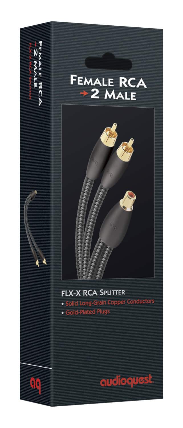 The text on the image reads: "FLX-X 2 FEMALE MALE LE SPUTTER RCA FEMALE RCA 2 MALE PO D a FLX-X RCA SPLITTER Solid Long-Grain Copper Conductors Gold-Plated Plugs a9 audioquest."
