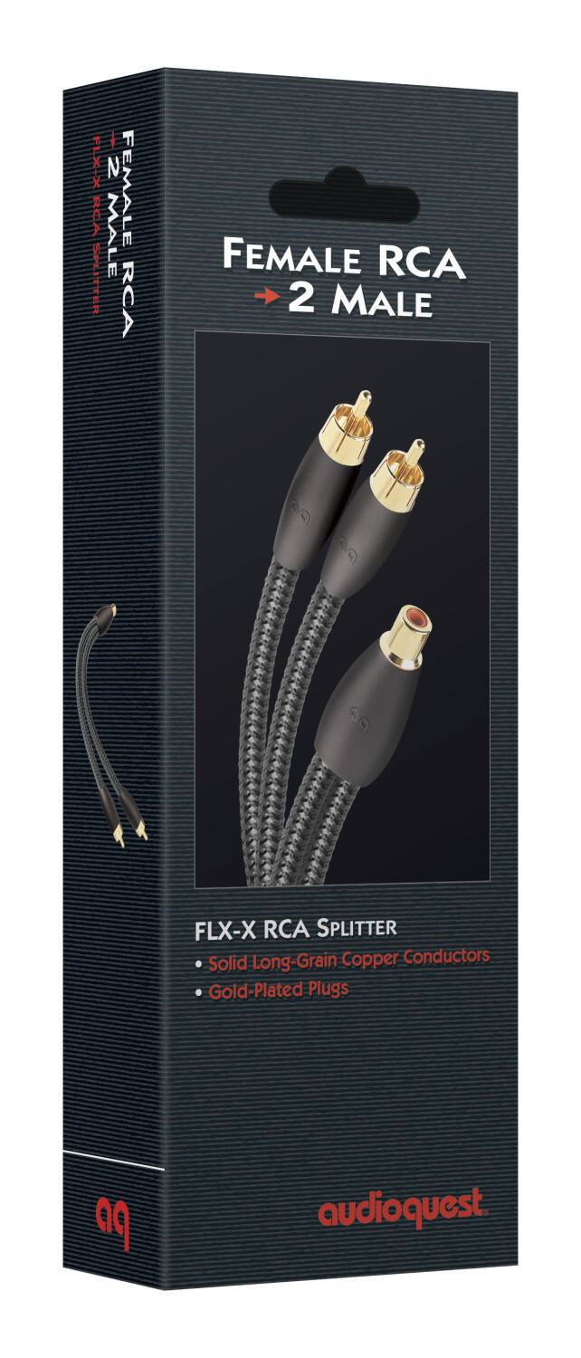 The text on the image reads: "FLX-X 2 FEMALE  MALE LE SPUTTER RCA FEMALE RCA 2 MALE PO D  a FLX-X RCA SPLITTER Solid Long-Grain Copper Conductors Gold-Plated Plugs a9 audioquest."