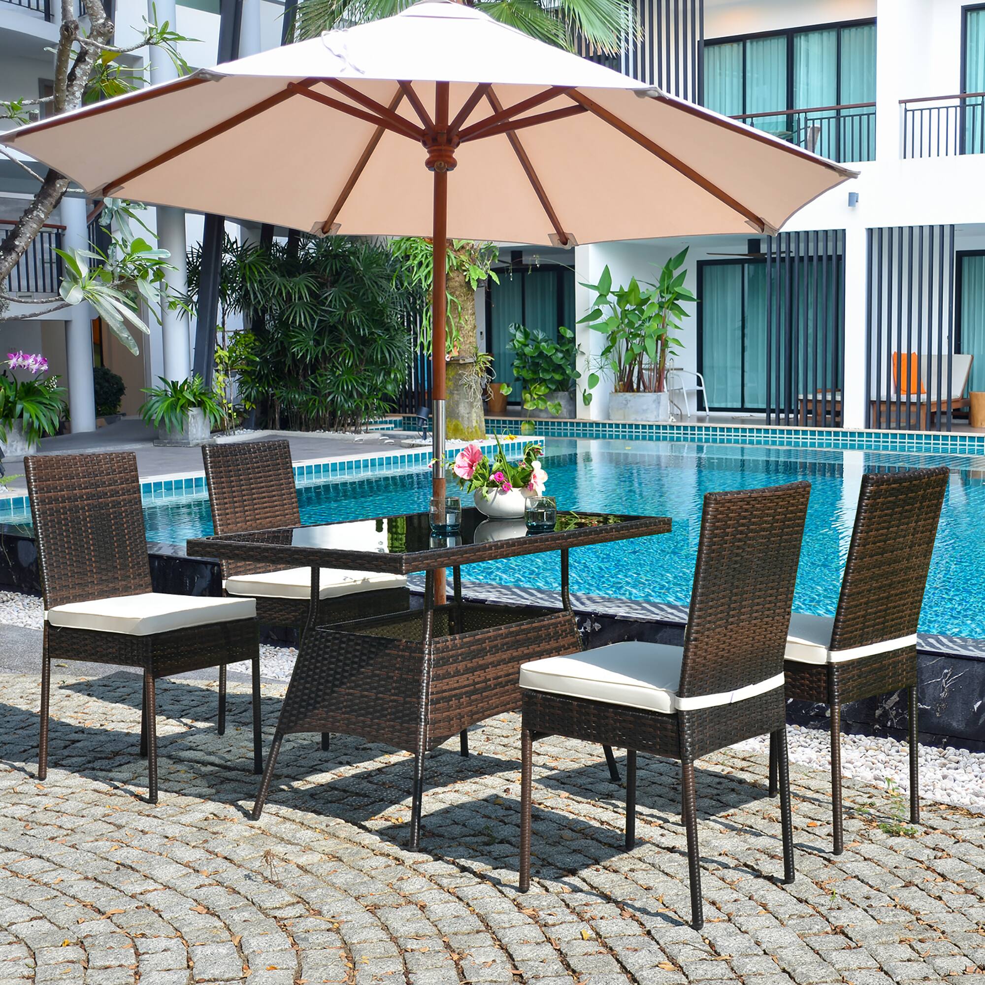 Alt View 7. Costway - Costway 10 PCS Patio Rattan Dining Set Glass Table High Back Chair Garden Deck - Mix Brown.