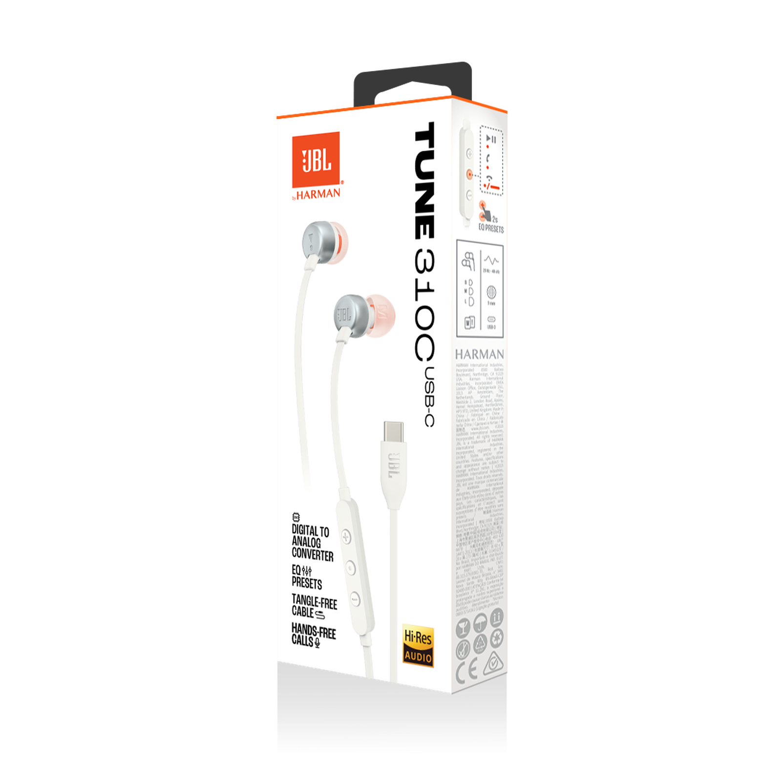 JBL HARMAN  
TUNE 310C  
USB-C  
DIGITAL TO ANALOG CONVERTER  
EQ PRESETS  
TANGLE-FREE CABLE  
HANDS-FREE CALLS  
Hi-Res AUDIO
