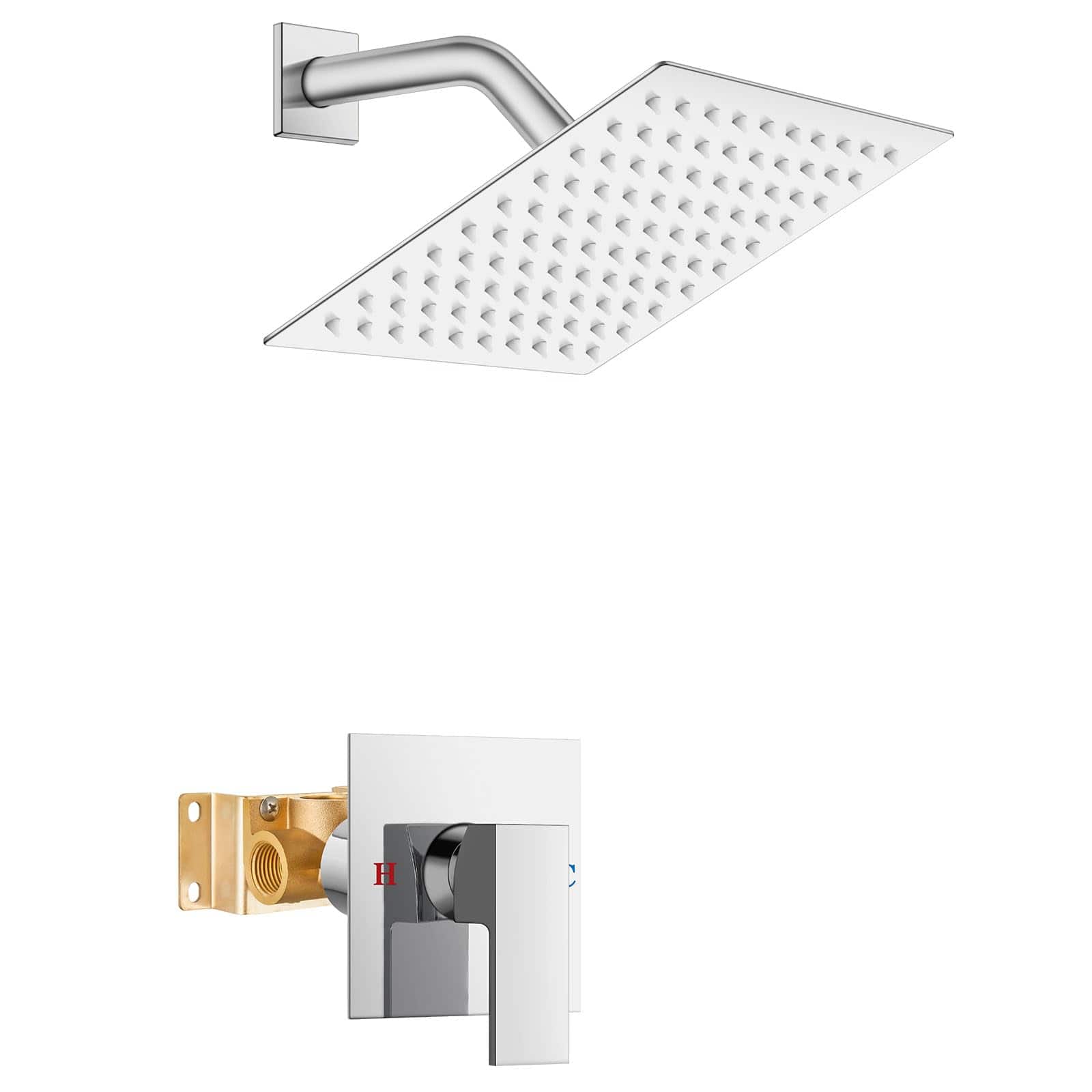 Paradigms Interiors - Shower Faucet Set Bathroom Rain System Square Showerhead Single Function 1 Handle Trim Kit With Female Thre - Chrome Polish-Cover Plate with H and C Labels