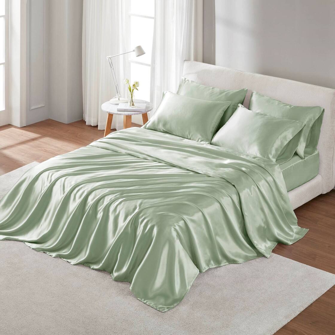 Alt View 1. Gracie Mills - Gracie Mills Coralie 6-Piece Wrinkle-free Satin Sheet Set - Sage.