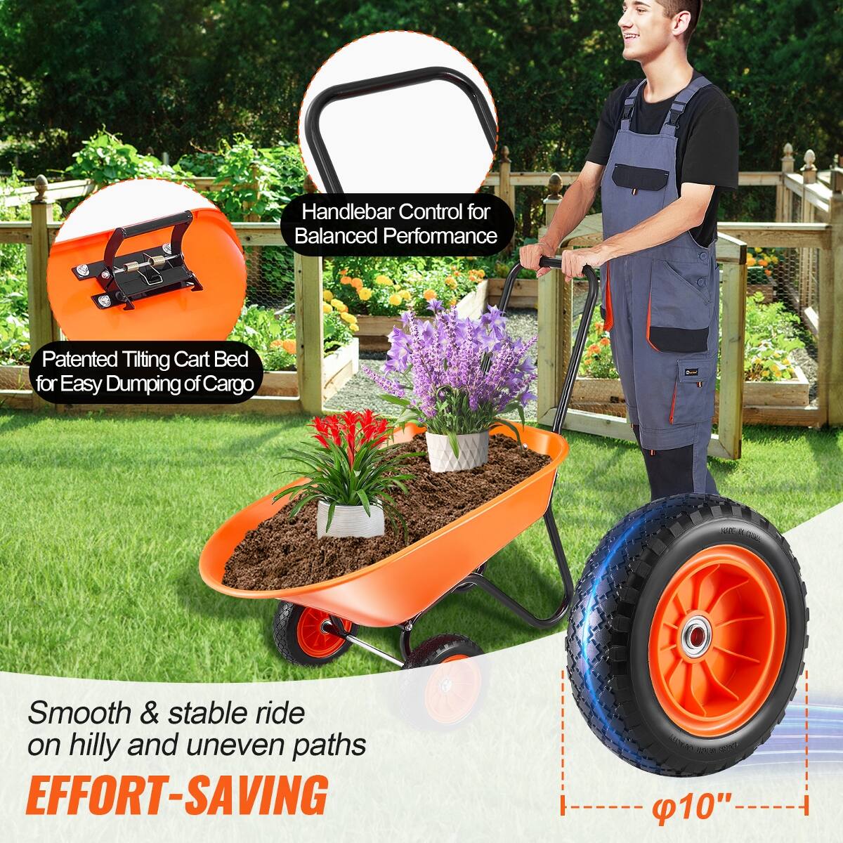 Handlebar Control for Balanced Performance  
Patented Tilting Cart Bed for Easy Dumping of Cargo  
Smooth & stable ride on hilly and uneven paths  
EFFORT-SAVING  
10"