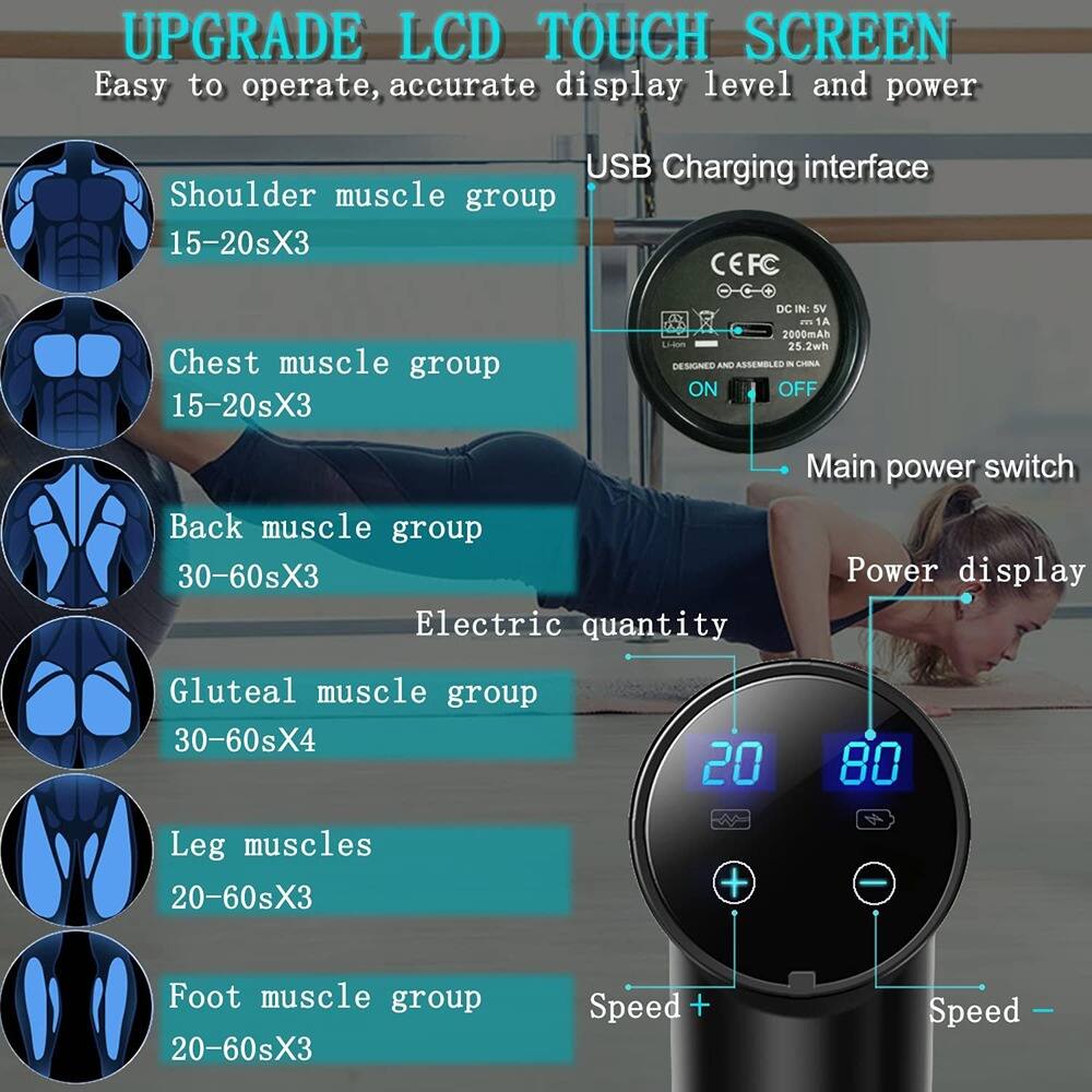 **UPGRADE LCD TOUCH SCREEN**  
Easy to operate, accurate display level and power  

- **Shoulder muscle group**  
  15–20sX3  

- **Chest muscle group**  
  15–20sX3  

- **Back muscle group**  
  30–60sX3  

- **Gluteal muscle group**  
  30–60sX4  

- **Leg muscles**  
  20–60sX3  

- **Foot muscle group**  
  20–60sX3  

**USB Charging interface**  

**Main power switch**  
**Power display**  
**Electric quantity**  

**Speed +**  
**Speed -**  

**DC IN: 5V 1A**  
**2000mAh 5.2wh**  
**DESIGNED AND ASSEMBLED IN CHINA**